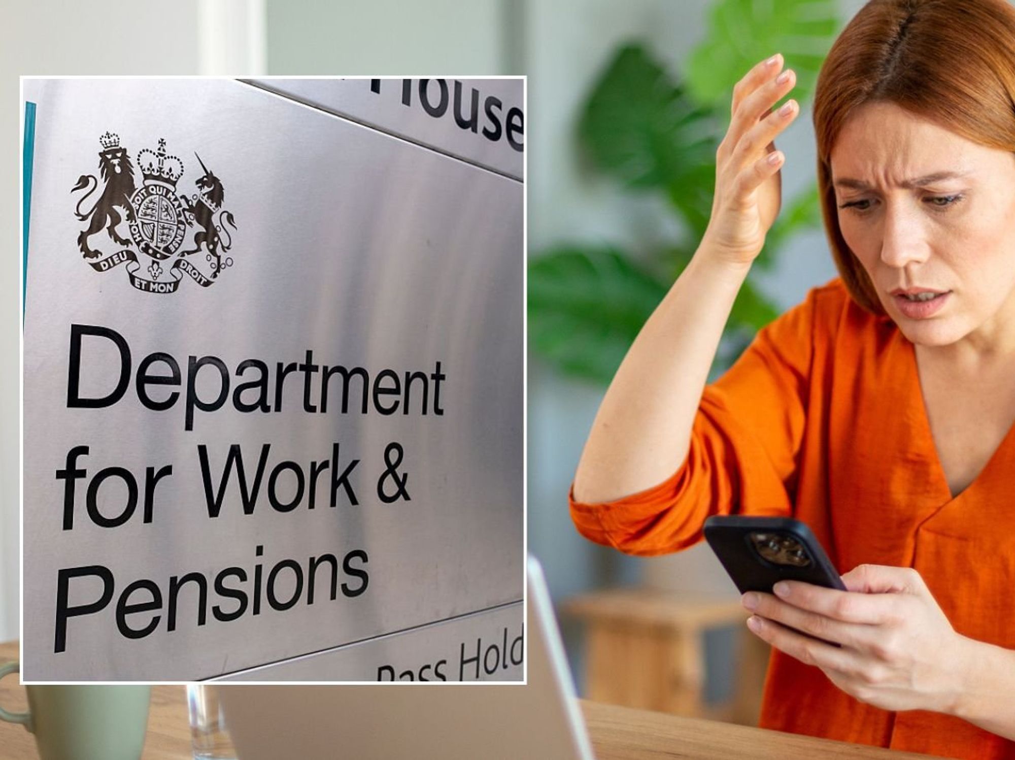 Woman looking at phone and DWP sign