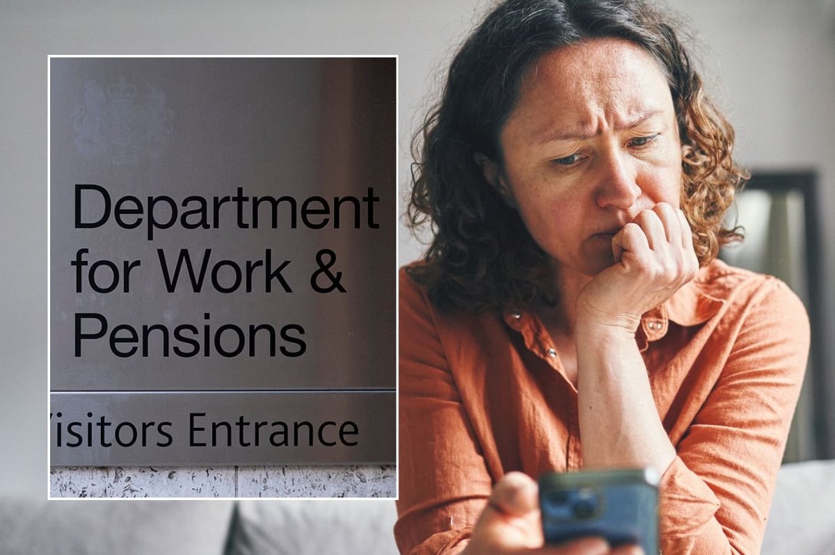 Woman looking at phone and DWP sign