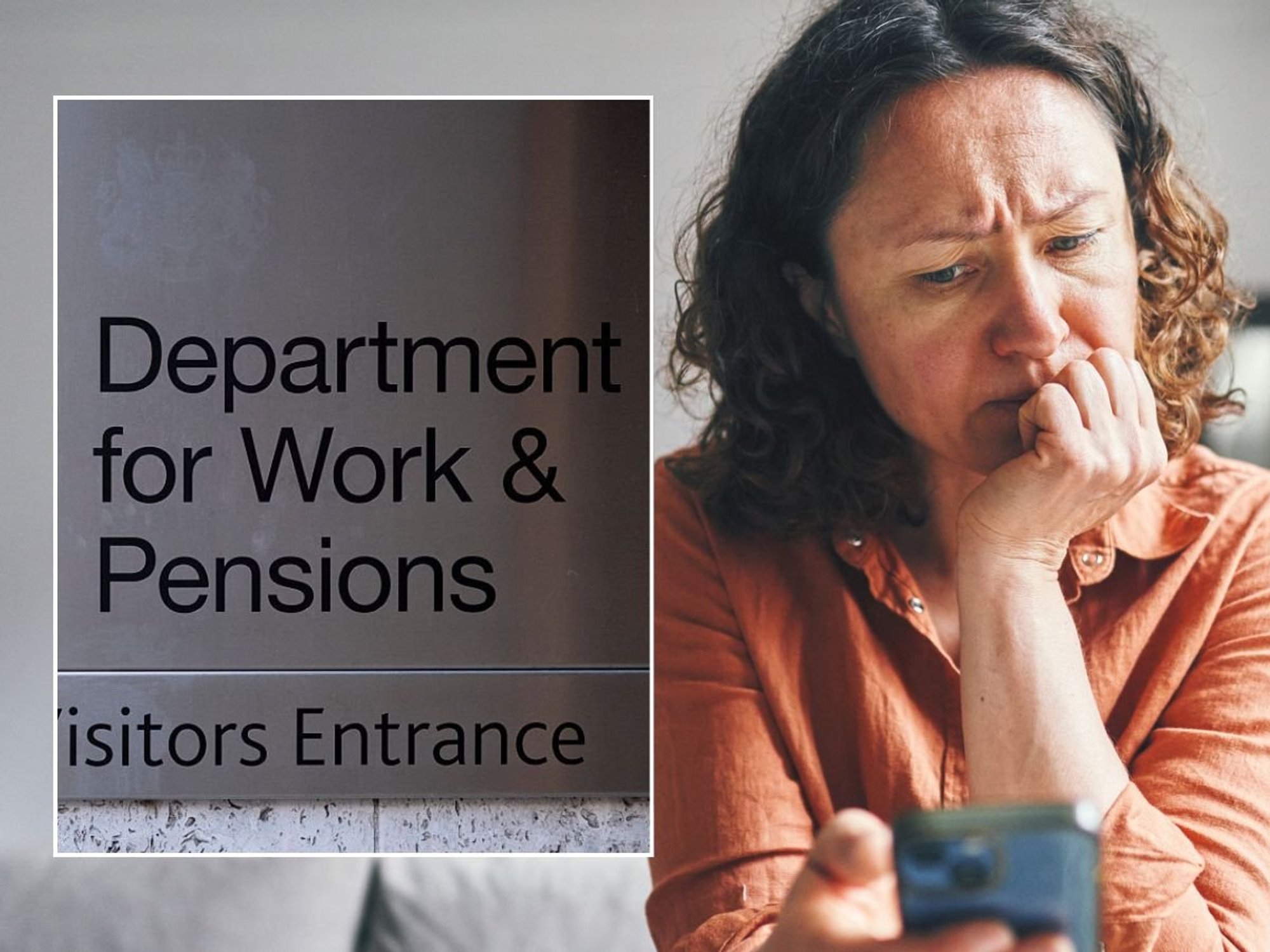 Woman looking at phone and DWP sign