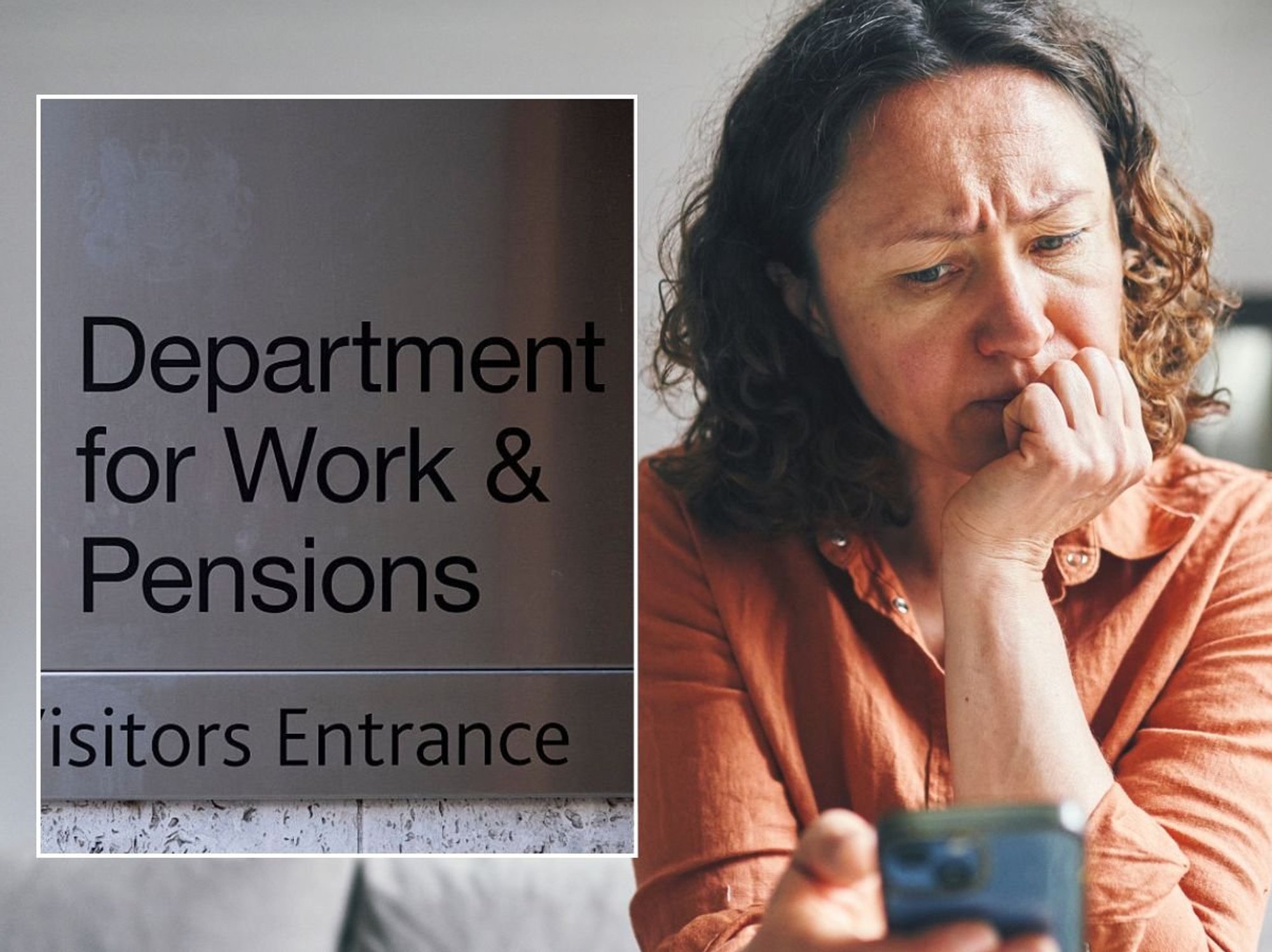 Woman looking at phone and DWP sign