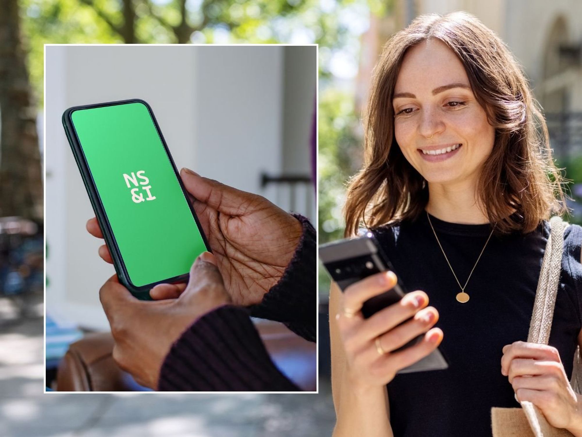 Woman looking at phone and NS&I logo