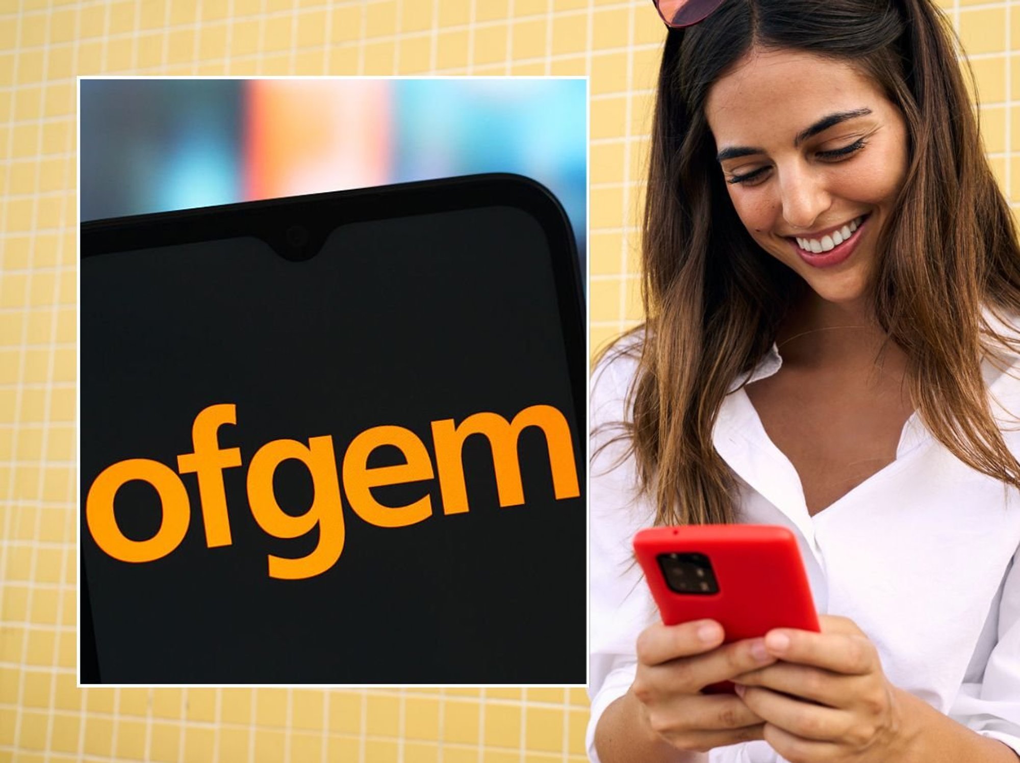 Woman looking at phone and Ofgem on phone