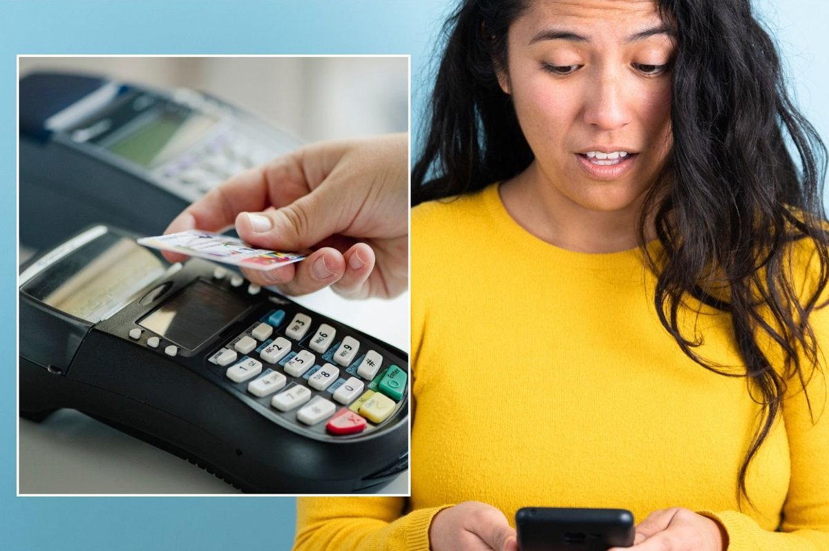 Woman looking at phone and person making contactless payment