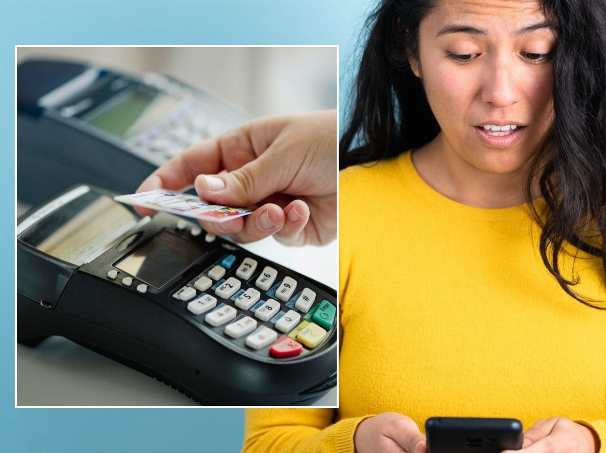 Woman looking at phone and person making contactless payment