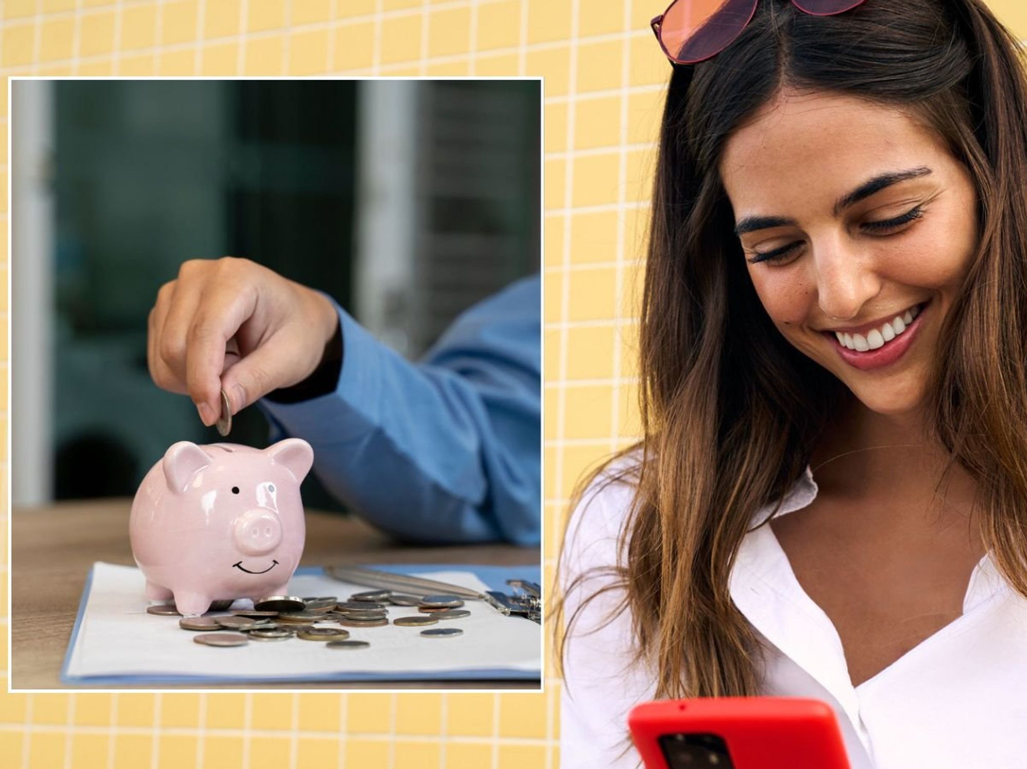 Woman looking at phone and piggy bank