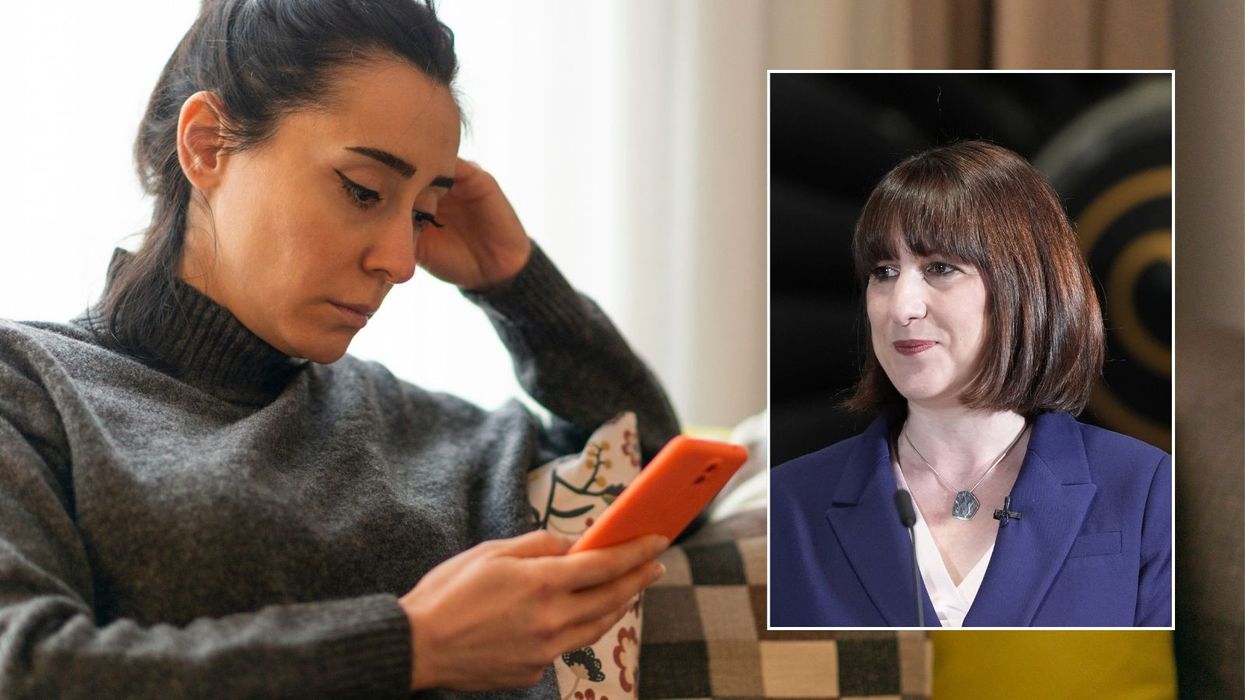 Woman looking at phone and Shadow Chancellor Rachel Reeves