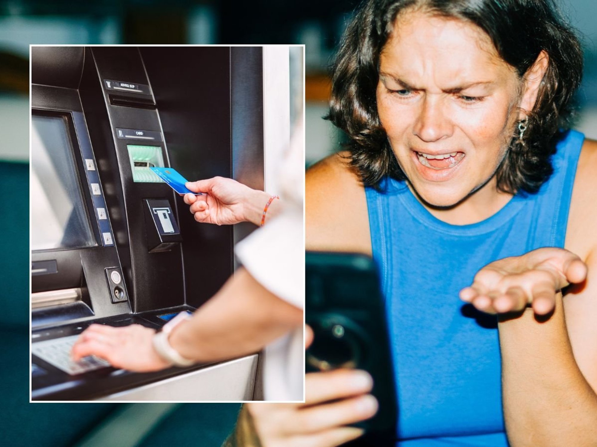 Woman looking at phone and someone using bank card