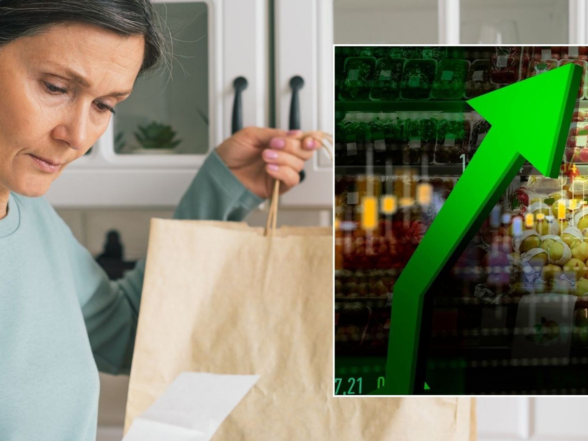 Woman looking at supermarket bill and inflation rise