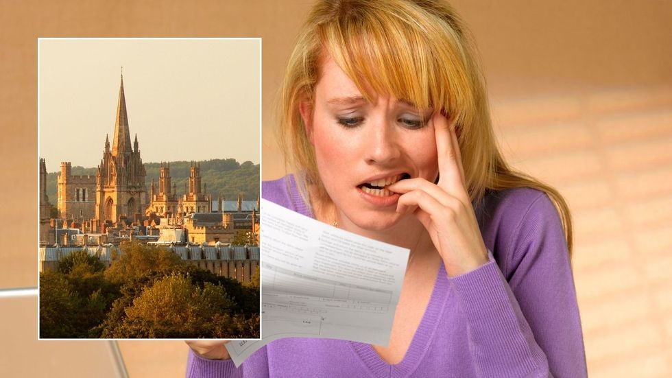 Woman looking at tax bill and Oxford
