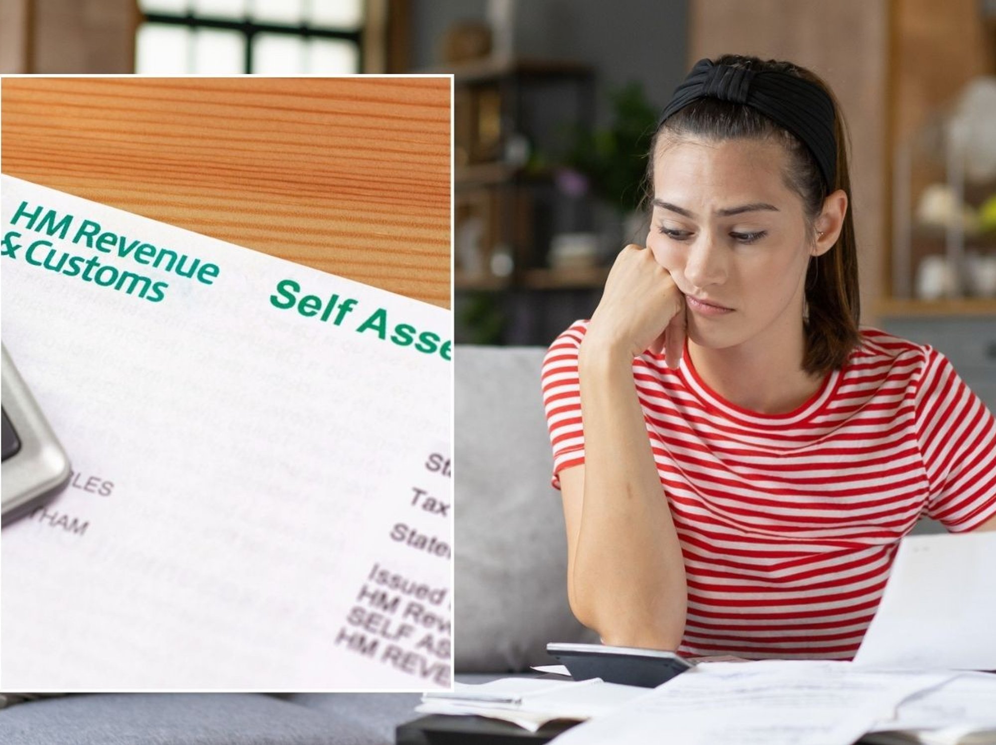 Woman looking at tax form and Self Assessment form