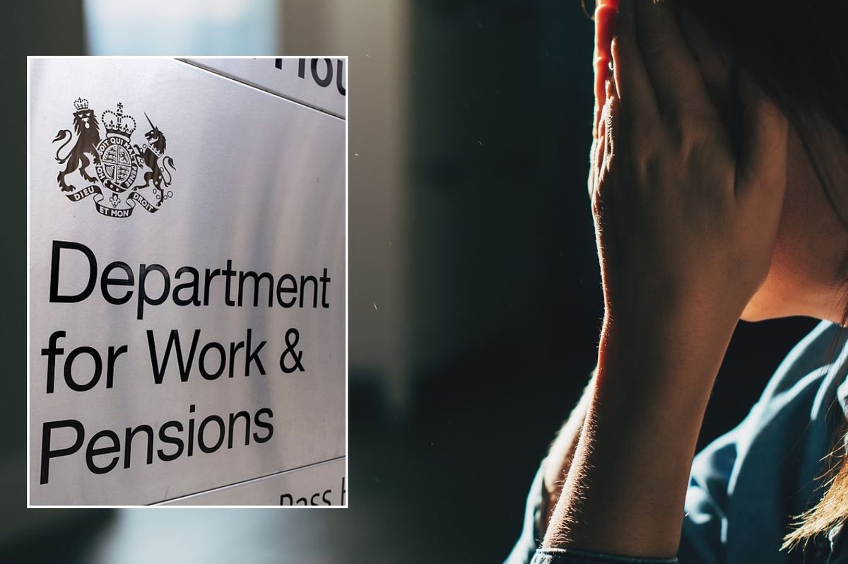 Woman looking guilty and DWP sign