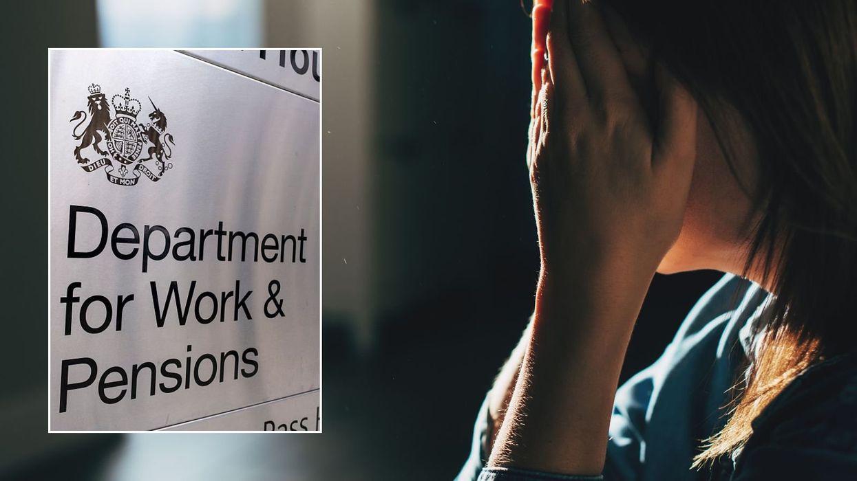 Woman looking guilty and DWP sign