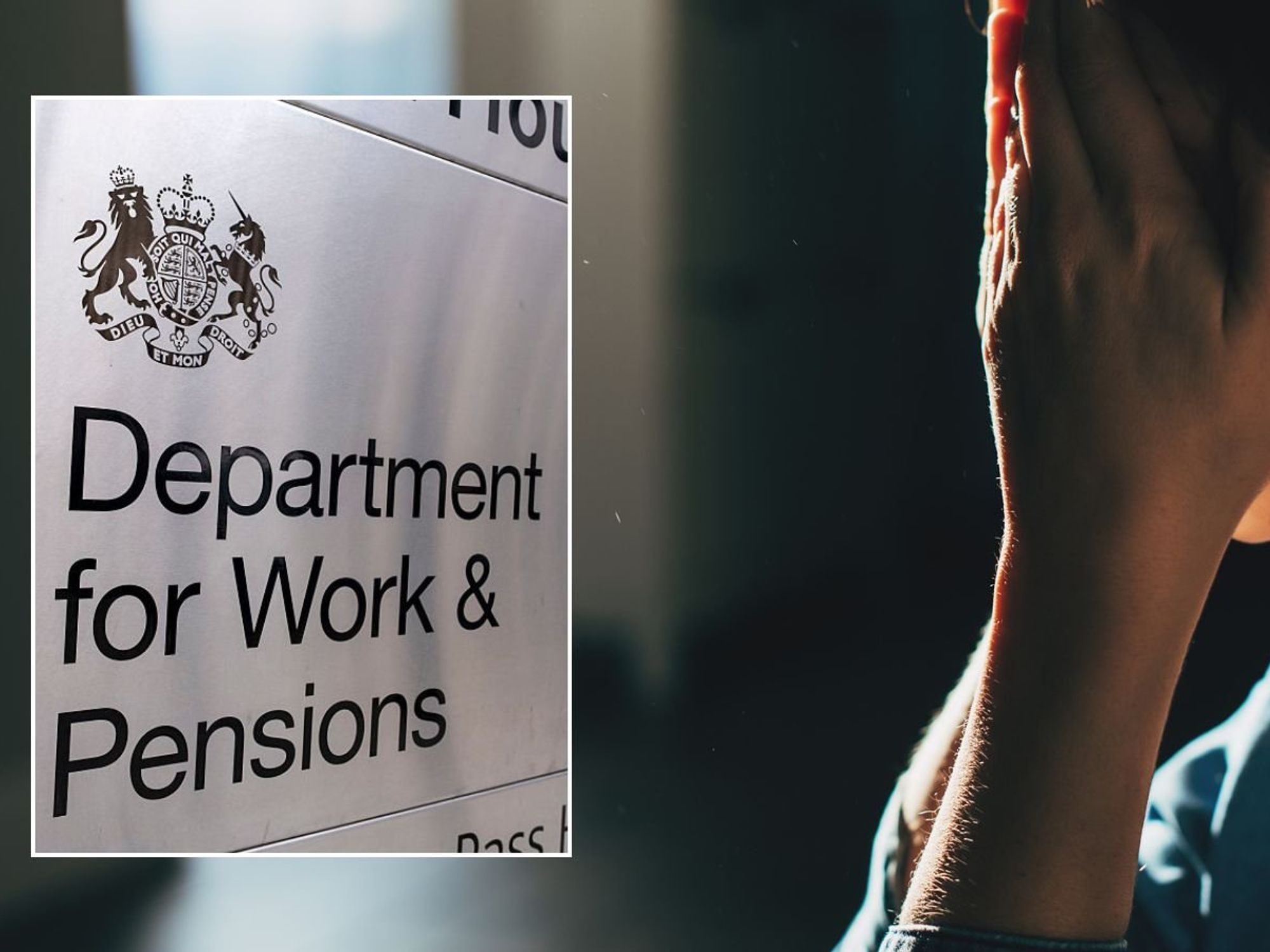 Woman looking guilty and DWP sign