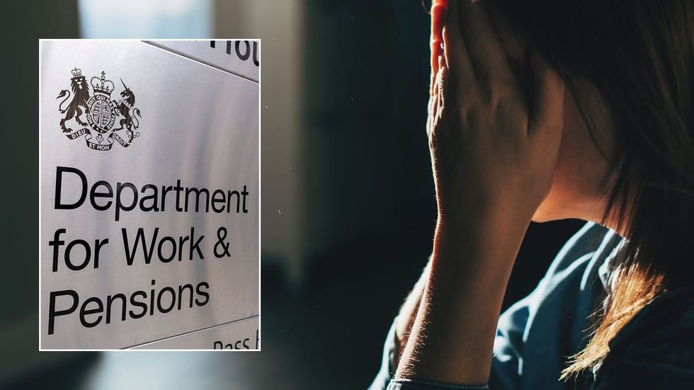 Woman looking guilty and DWP sign
