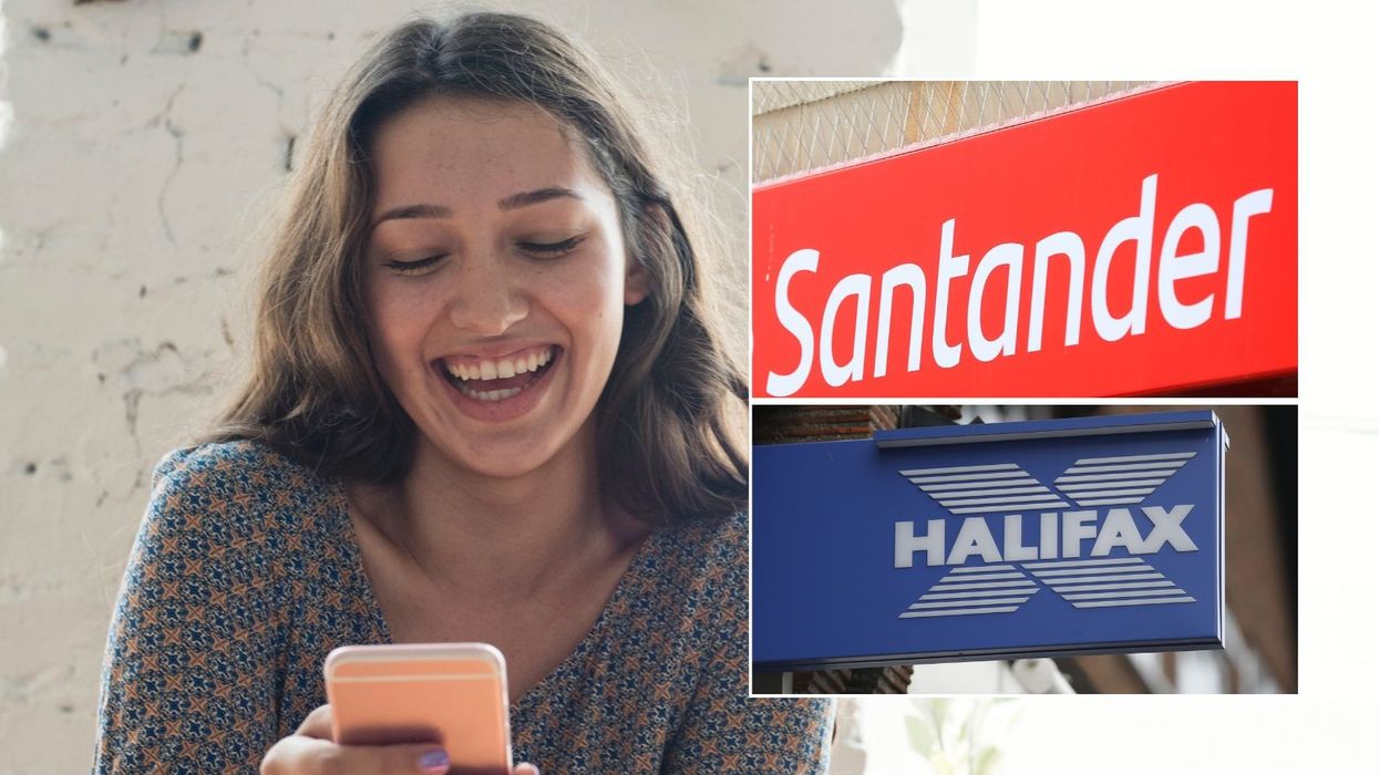 Woman looking happy, Halifax sign and Santander sign