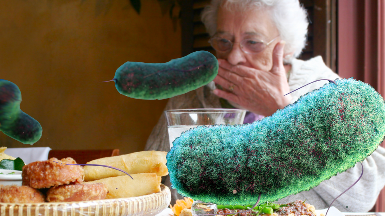 Woman looking ill behind E. coli particles