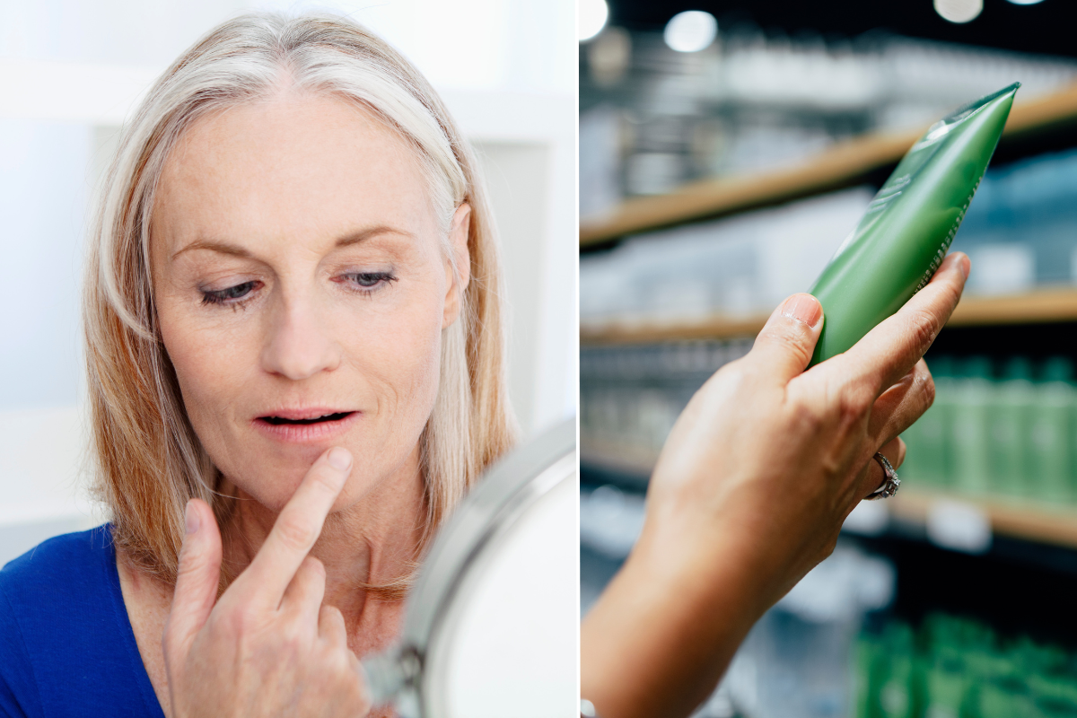 Woman looking in mirror / skin care products 