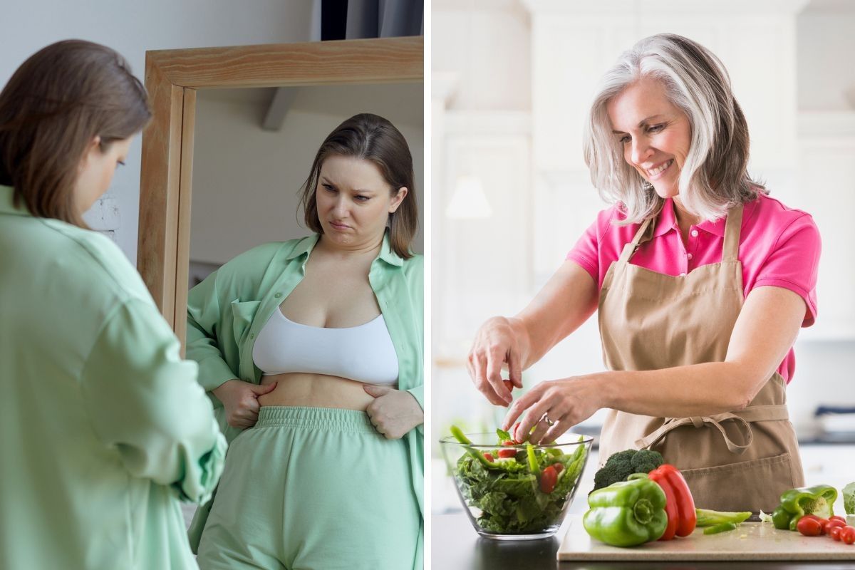 Woman looking in mirror unhappy with weight / Woman making a healthy salad