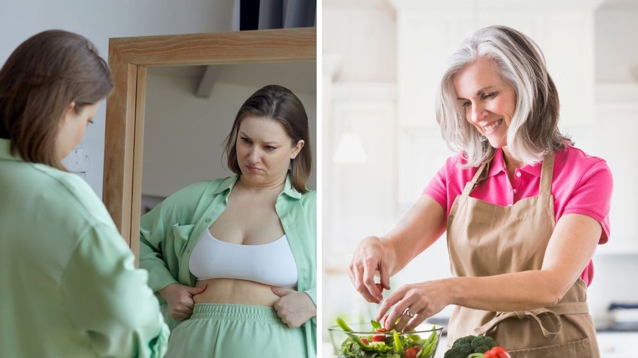 Woman looking in mirror unhappy with weight / Woman making a healthy salad