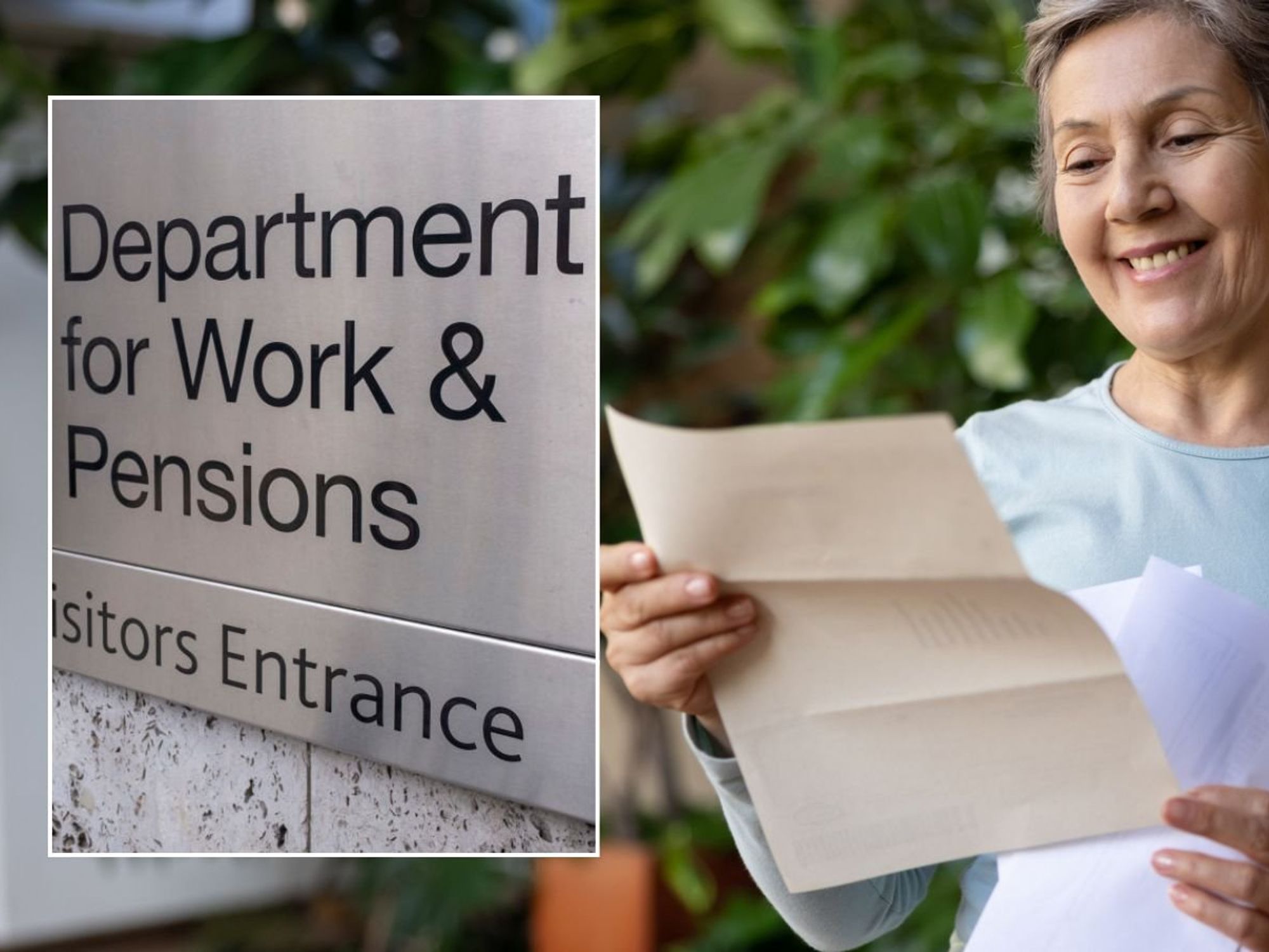 Woman looking letter and DWP sign