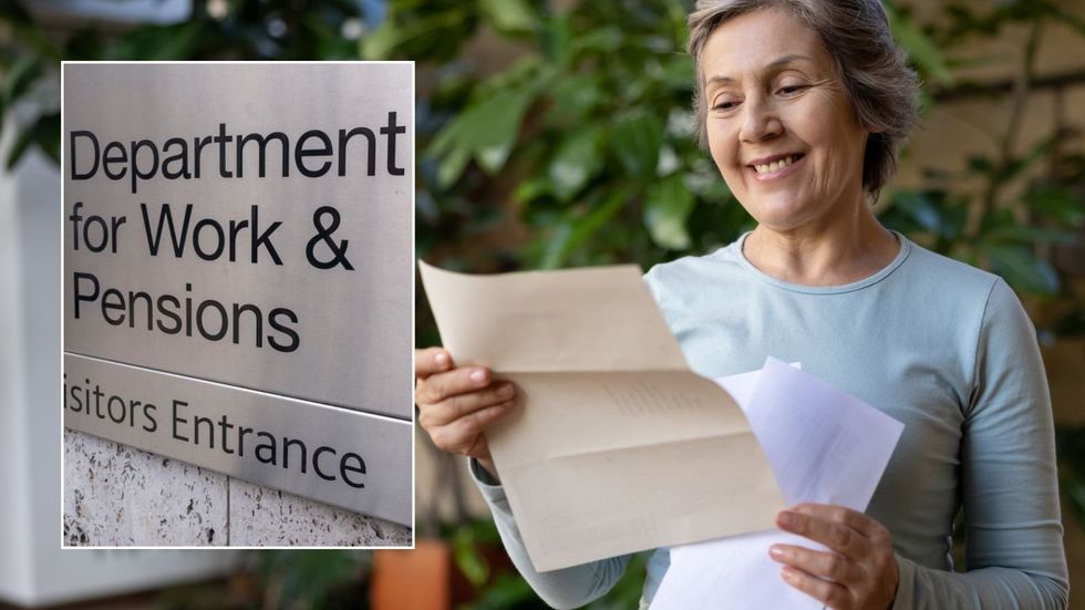 Woman looking letter and DWP sign