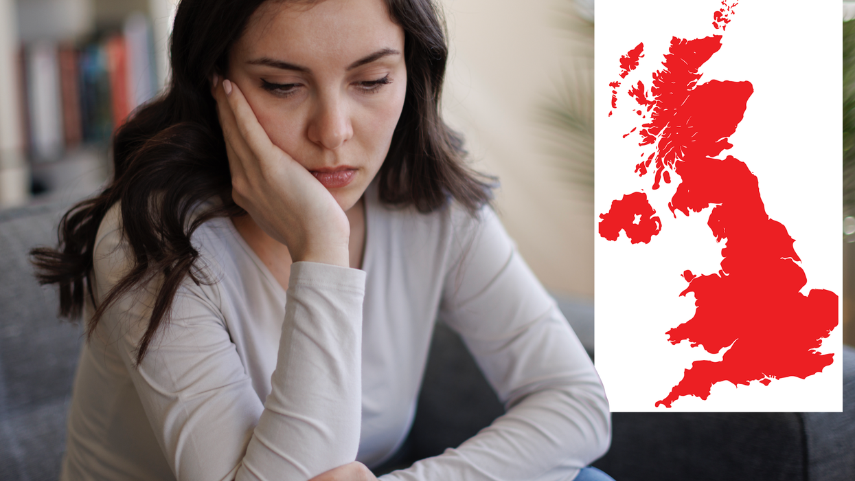 Woman looking sad (left), map of the UK (right)