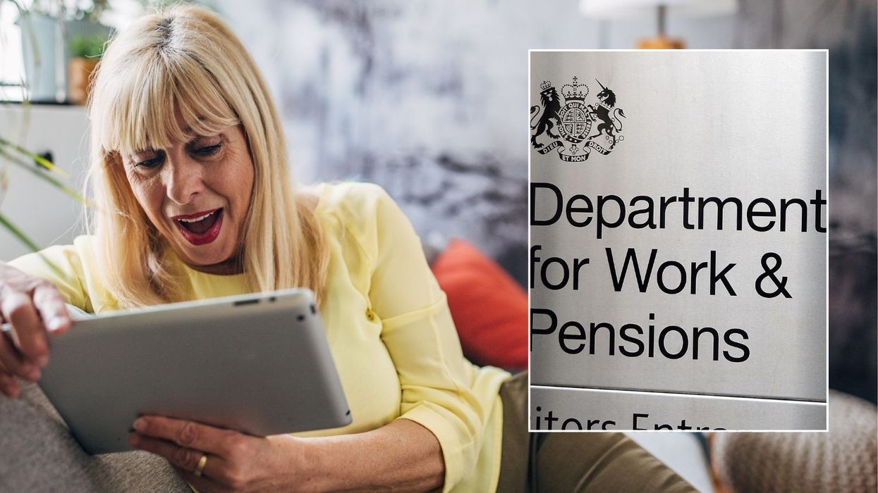 Woman looking shocked and DWP logo
