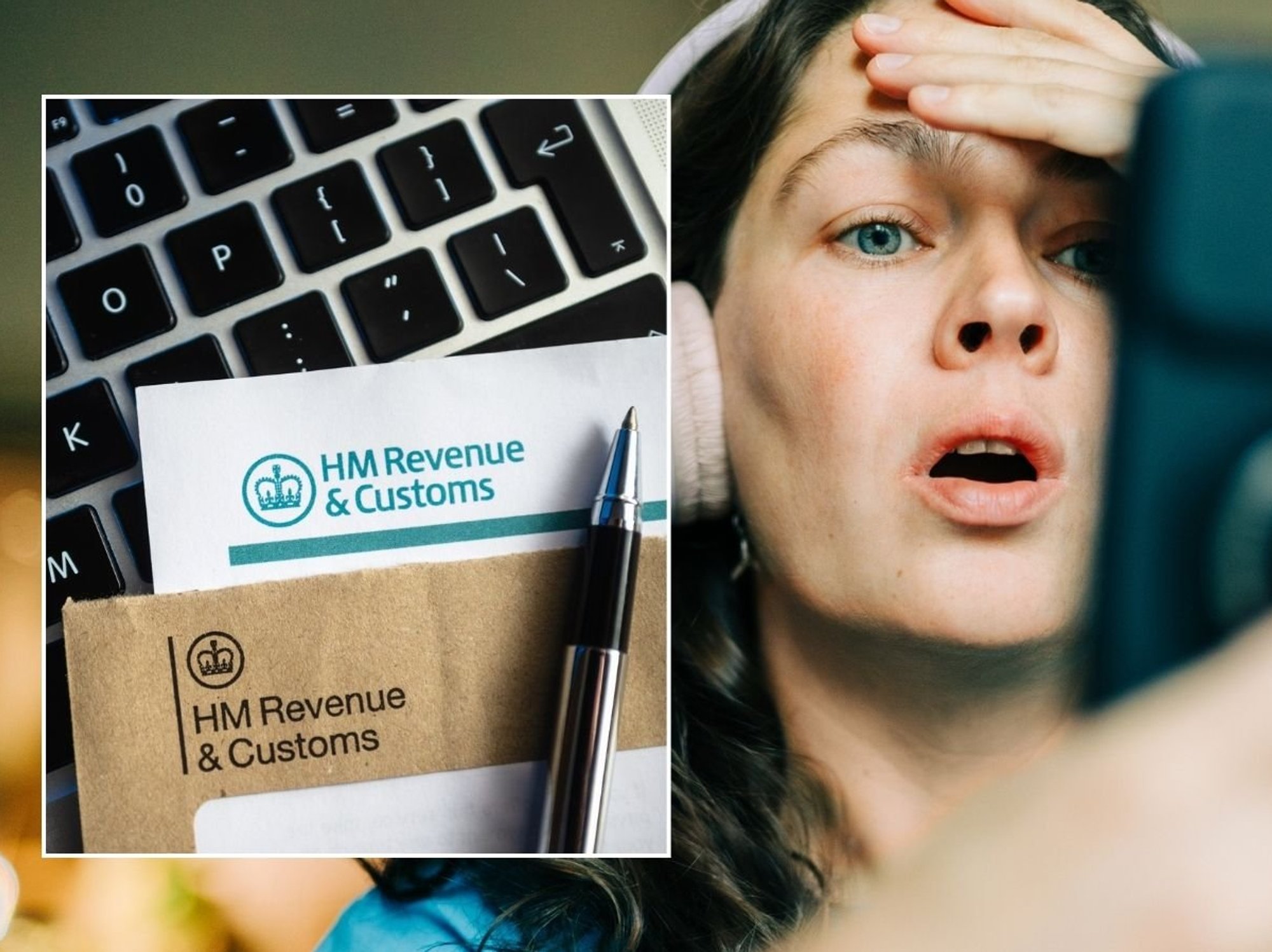 Woman looking shocked and HMRC letter