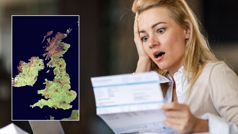 Woman looking shocked and satellite image of the UK