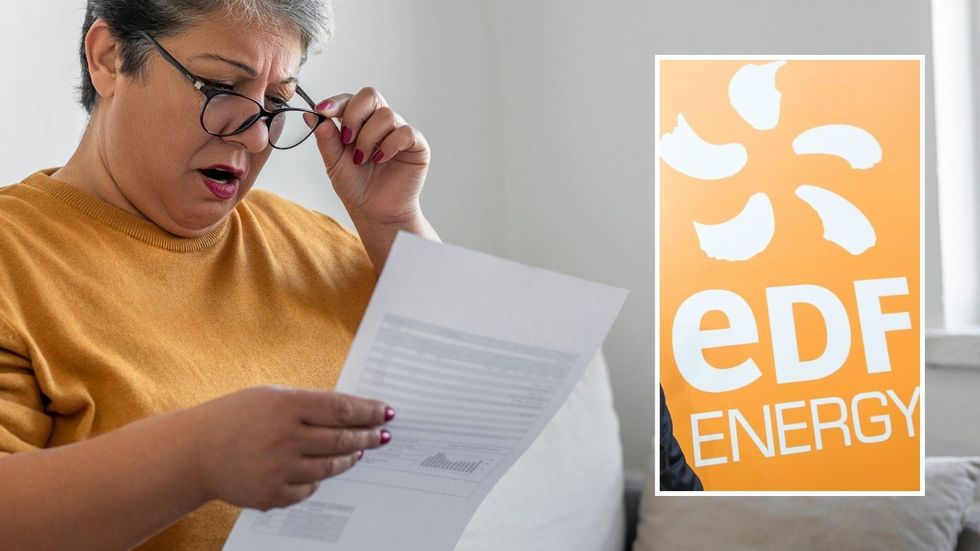 Woman looking shocked at bill and EDF Energy logo