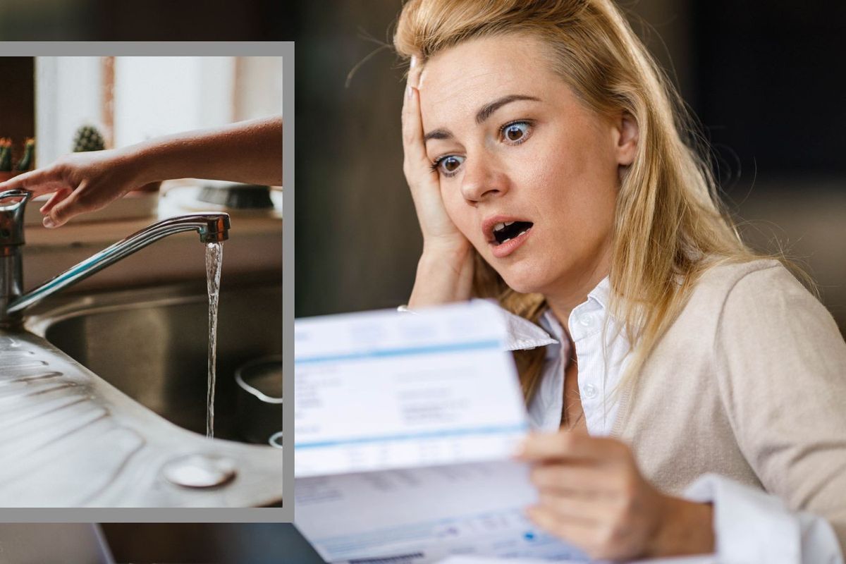 Woman looking shocked at bill and tap being turned on 