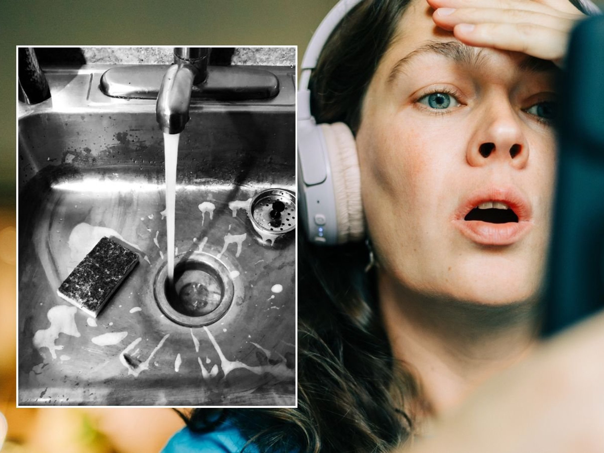 Woman looking shocked at phone, water running from tap