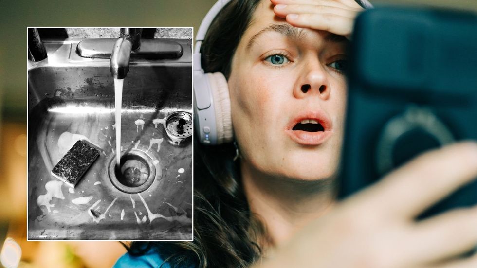 Woman looking shocked at phone, water running from tap
