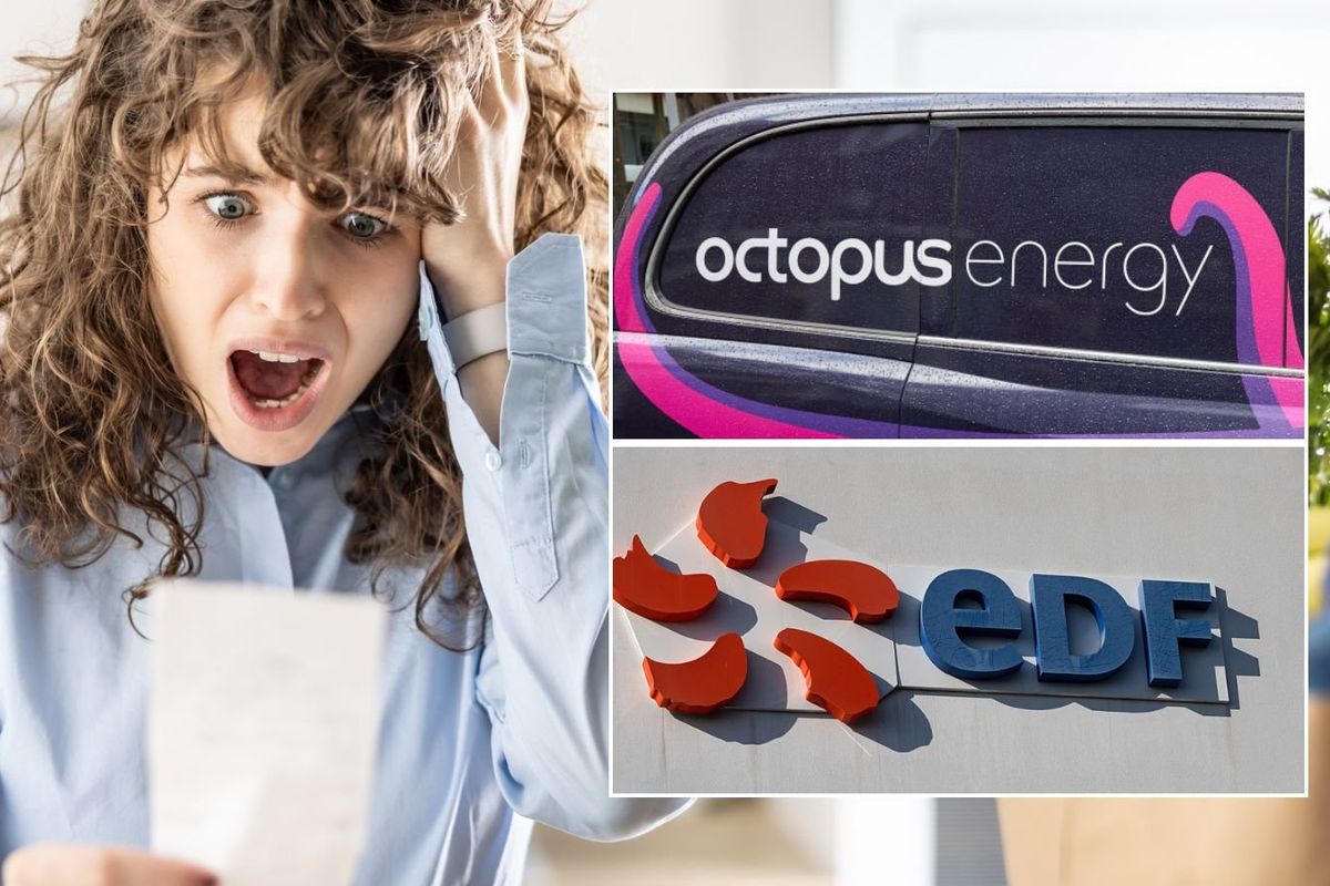 Woman looking shocked, Octopus Energy and EDF logos