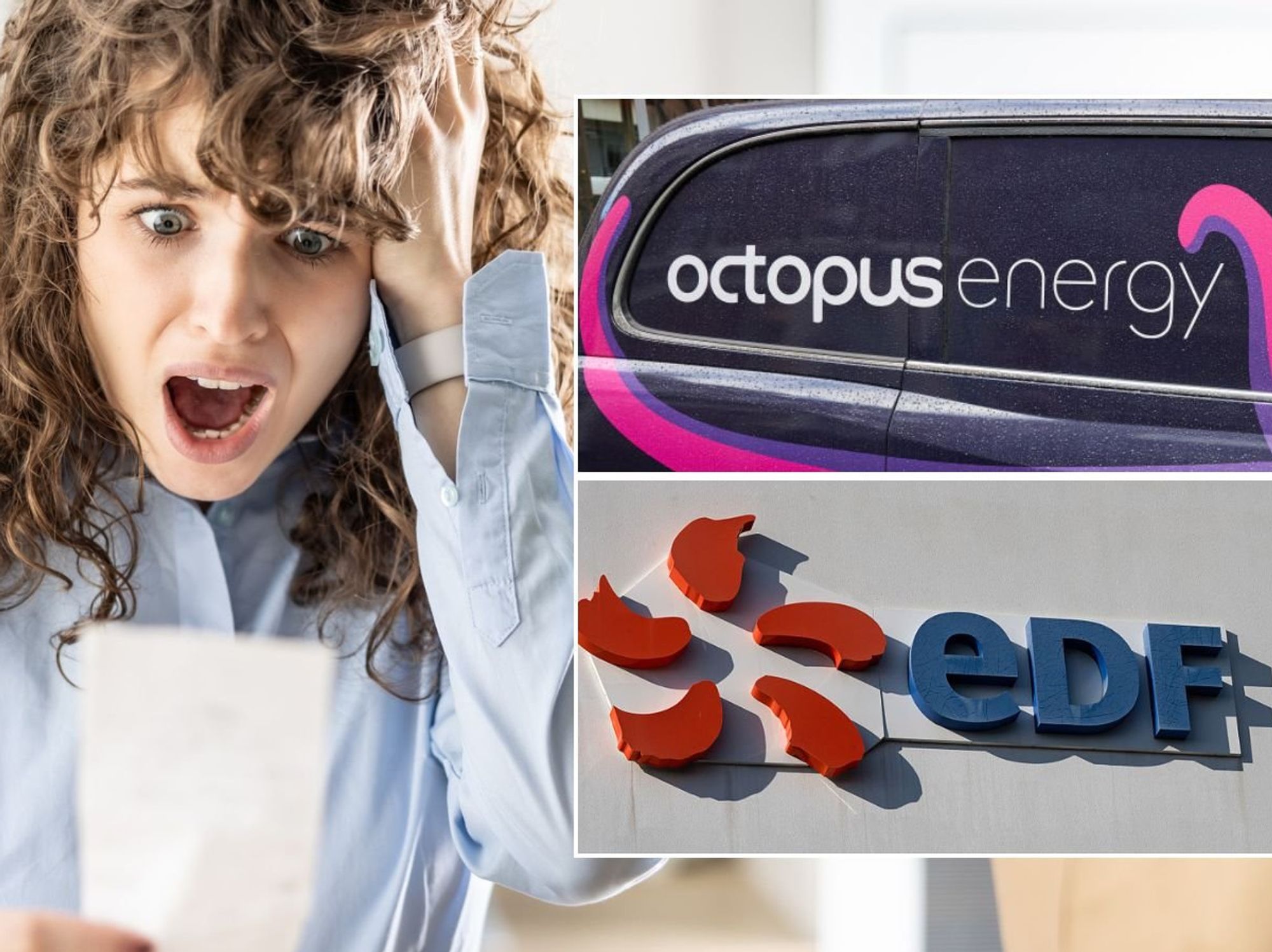 Woman looking shocked, Octopus Energy and EDF logos