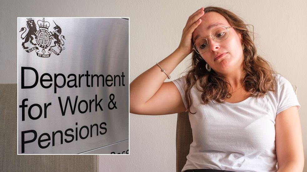 Woman looking stressed and DWP sign