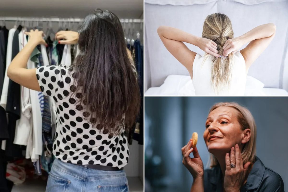 Woman looking through wardrobe / Woman braiding her hair / Woman applying makeup
