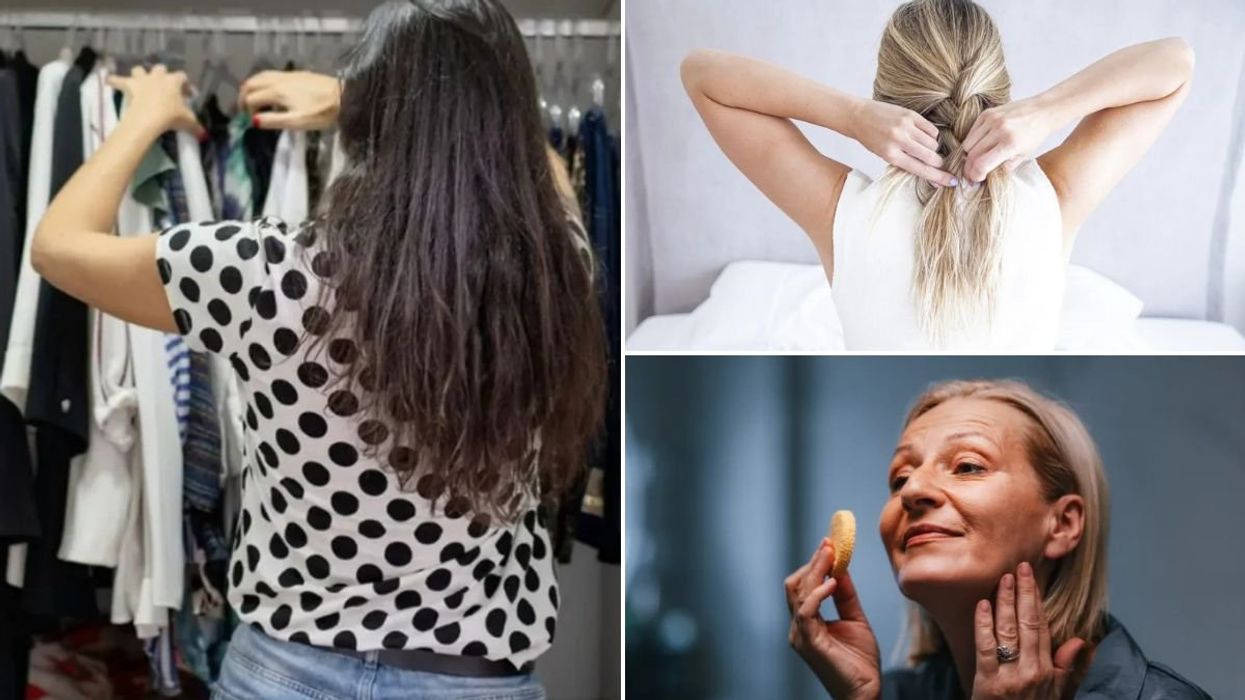 Woman looking through wardrobe / Woman braiding her hair / Woman applying makeup
