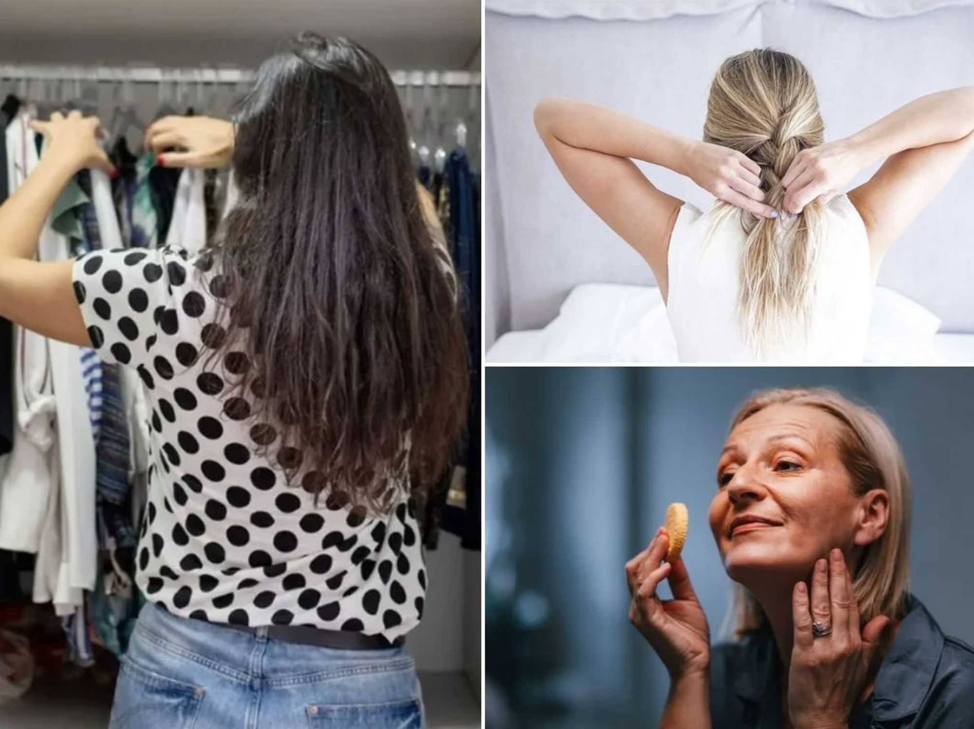Woman looking through wardrobe / Woman braiding her hair / Woman applying makeup