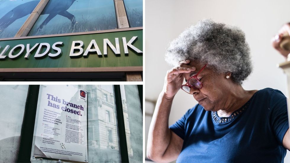 Woman looking upset, Lloyds Bank branch and NatWest closed branch sign