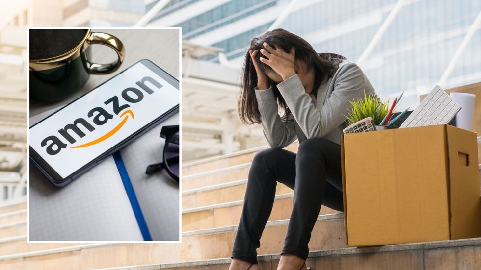 Woman looking worried and Amazon logo