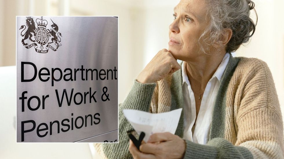 Woman looking worried and DWP sign