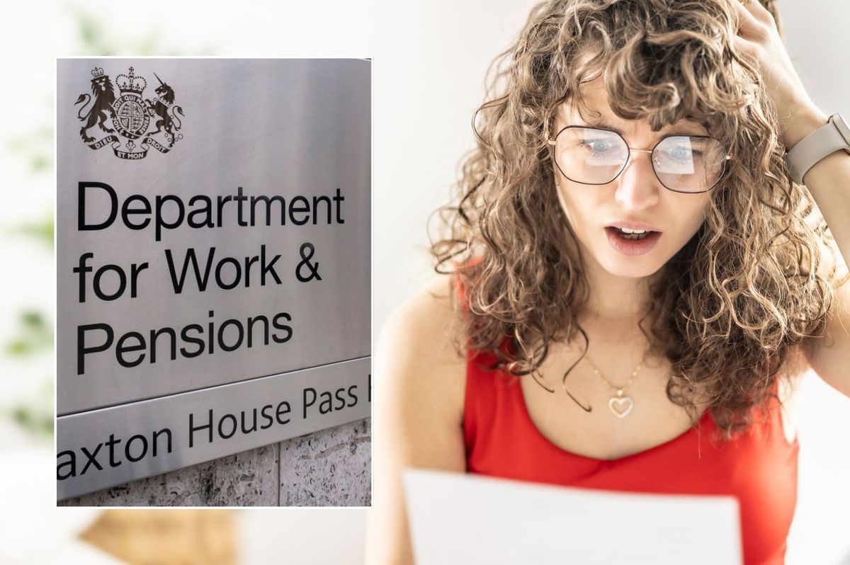 Woman looking worried and DWP sign