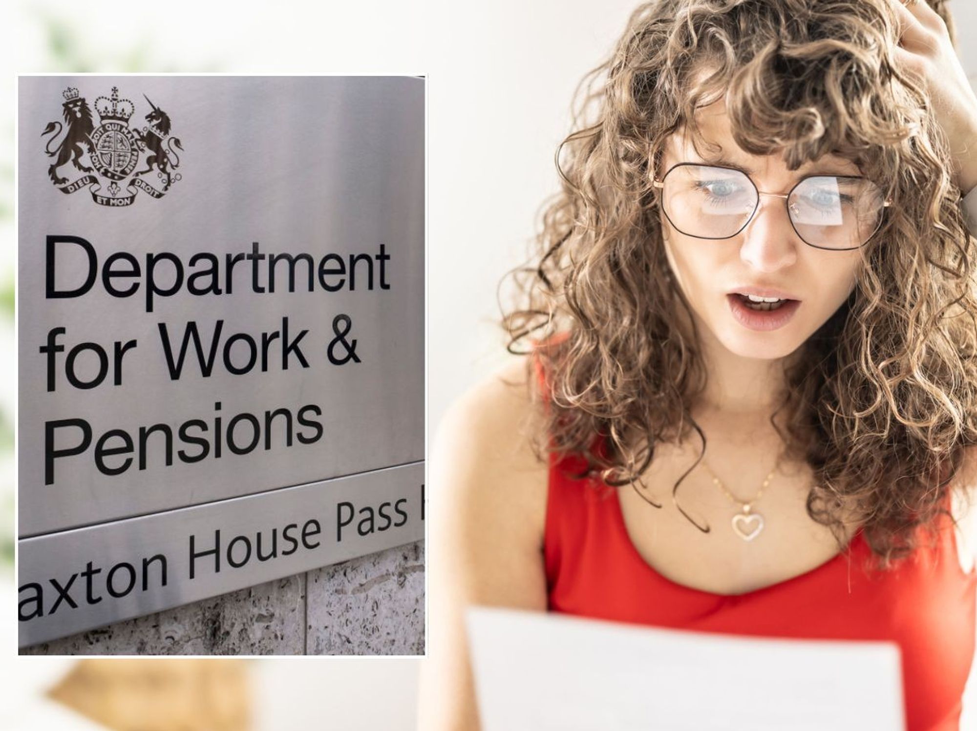 Woman looking worried and DWP sign