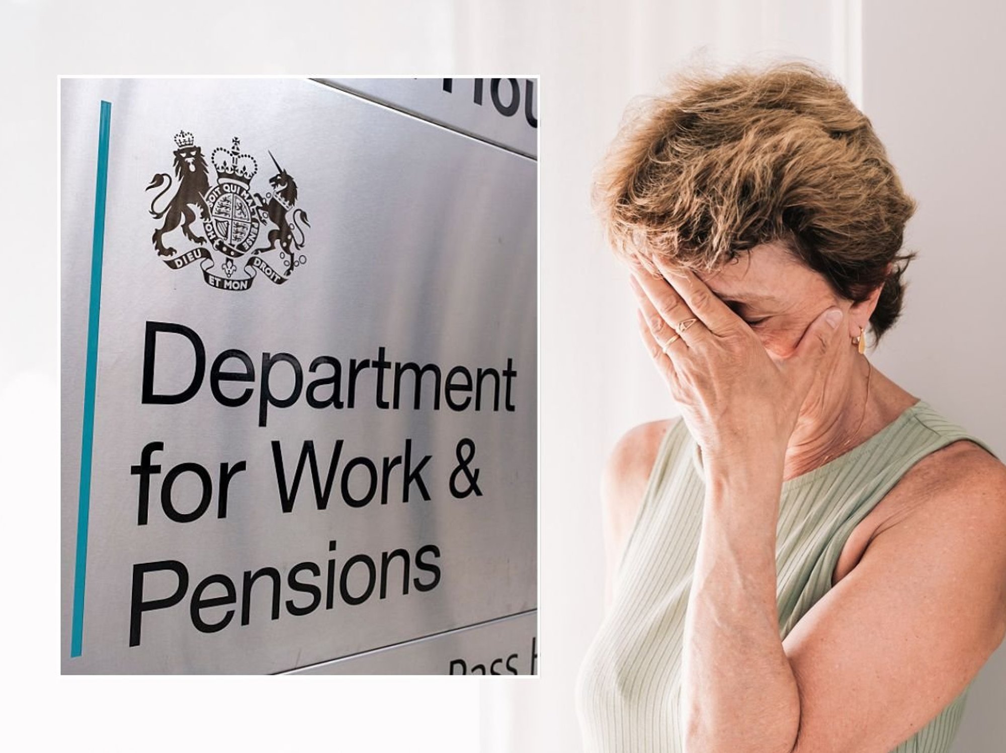 Woman looking worried and DWP sign