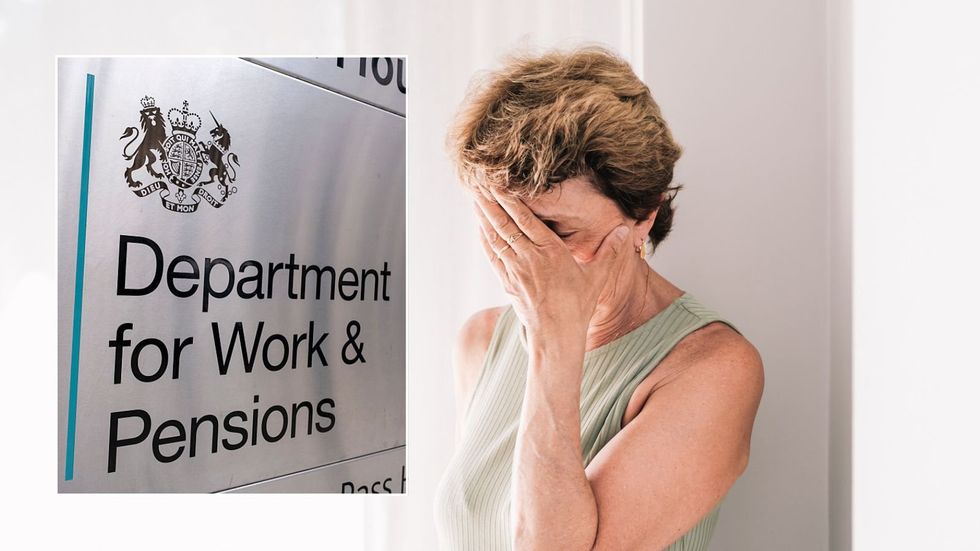 Woman looking worried and DWP sign
