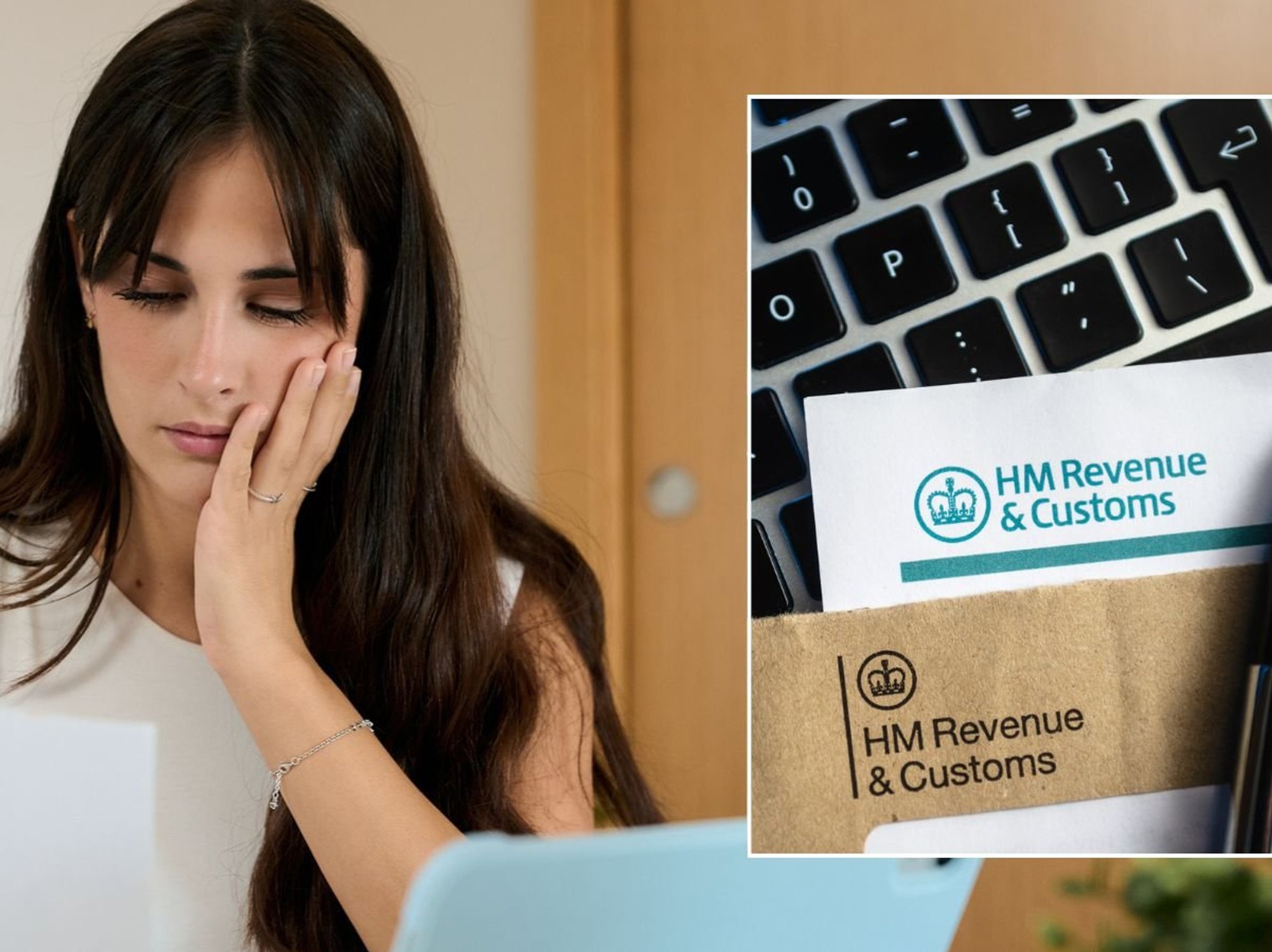 Woman looking worried and HMRC letter