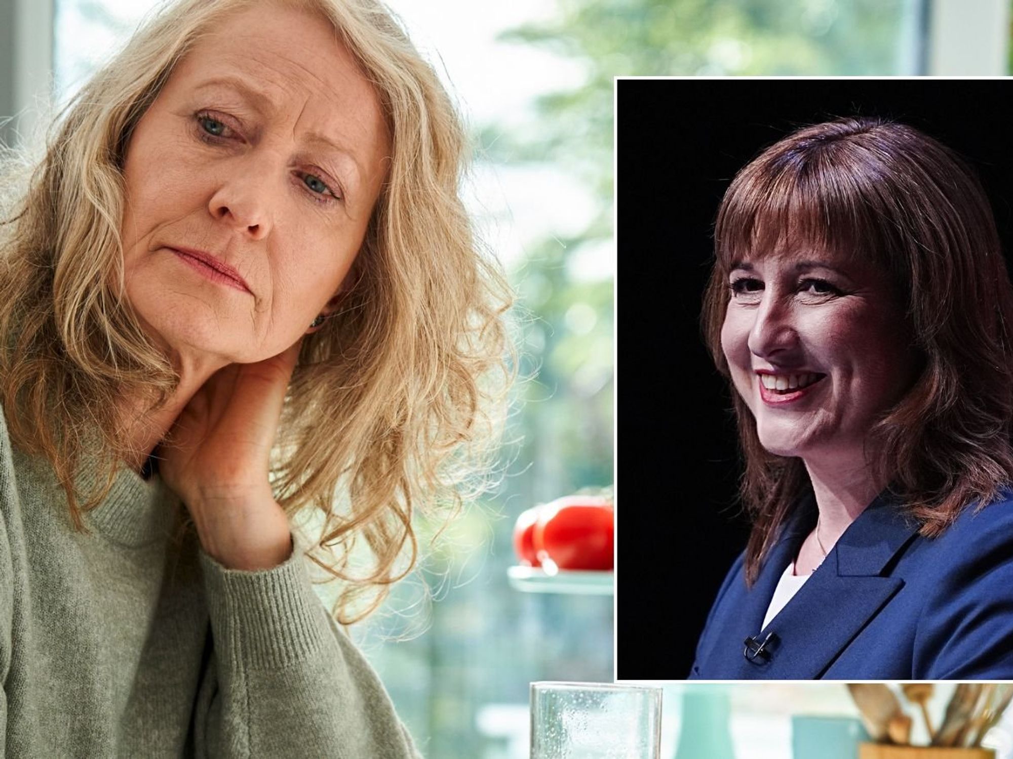 Woman looking worried and Rachel Reeves