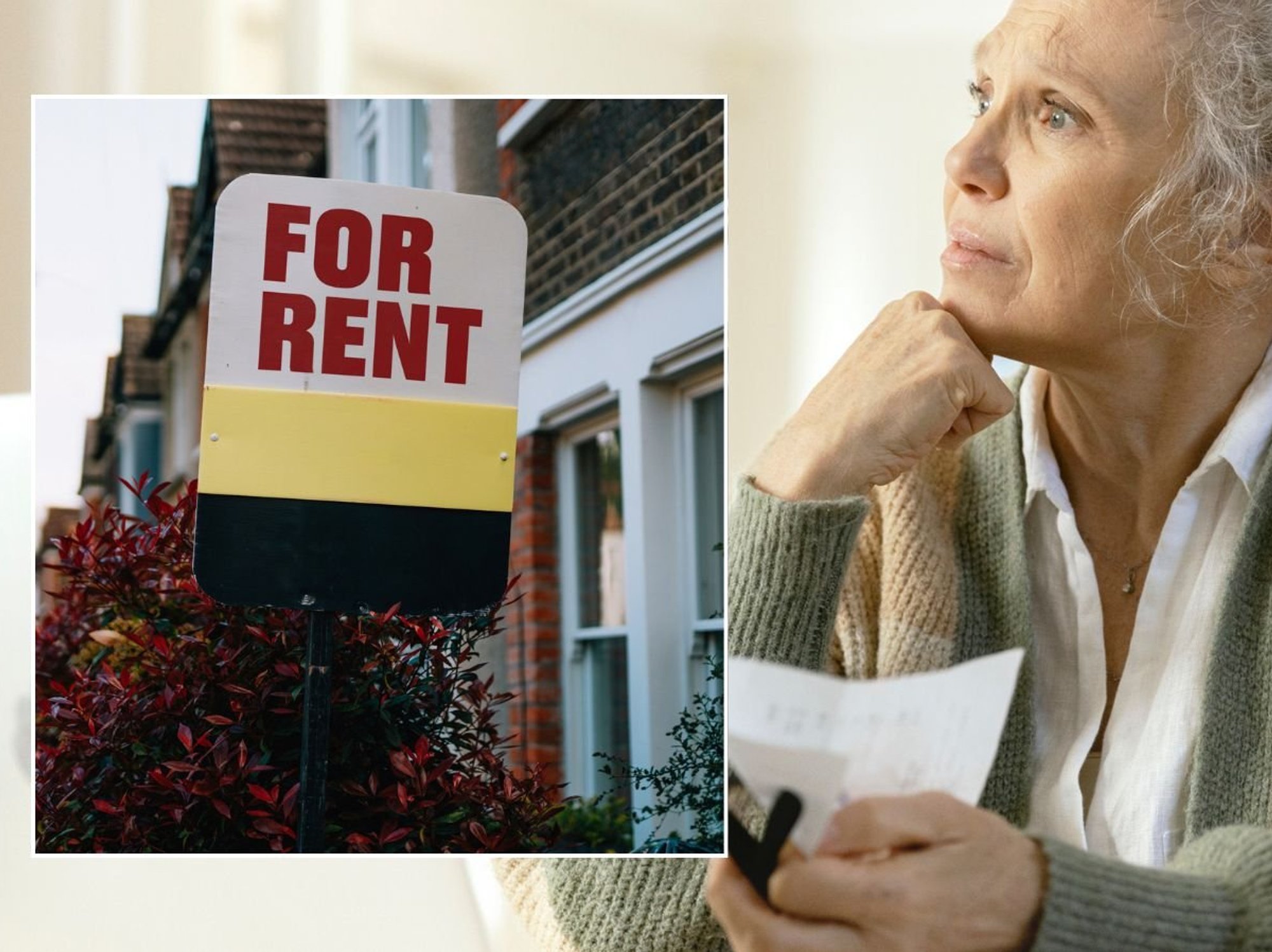 Woman looking worried and rent sign