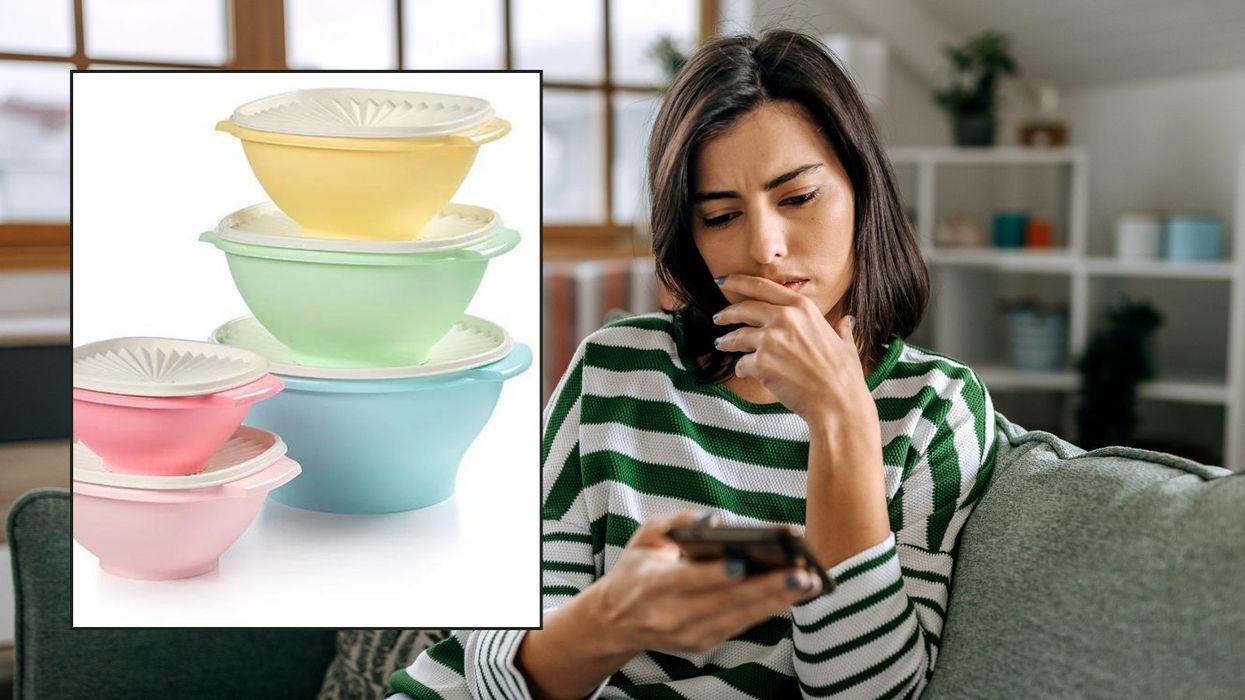 Woman looking worried and Tupperware